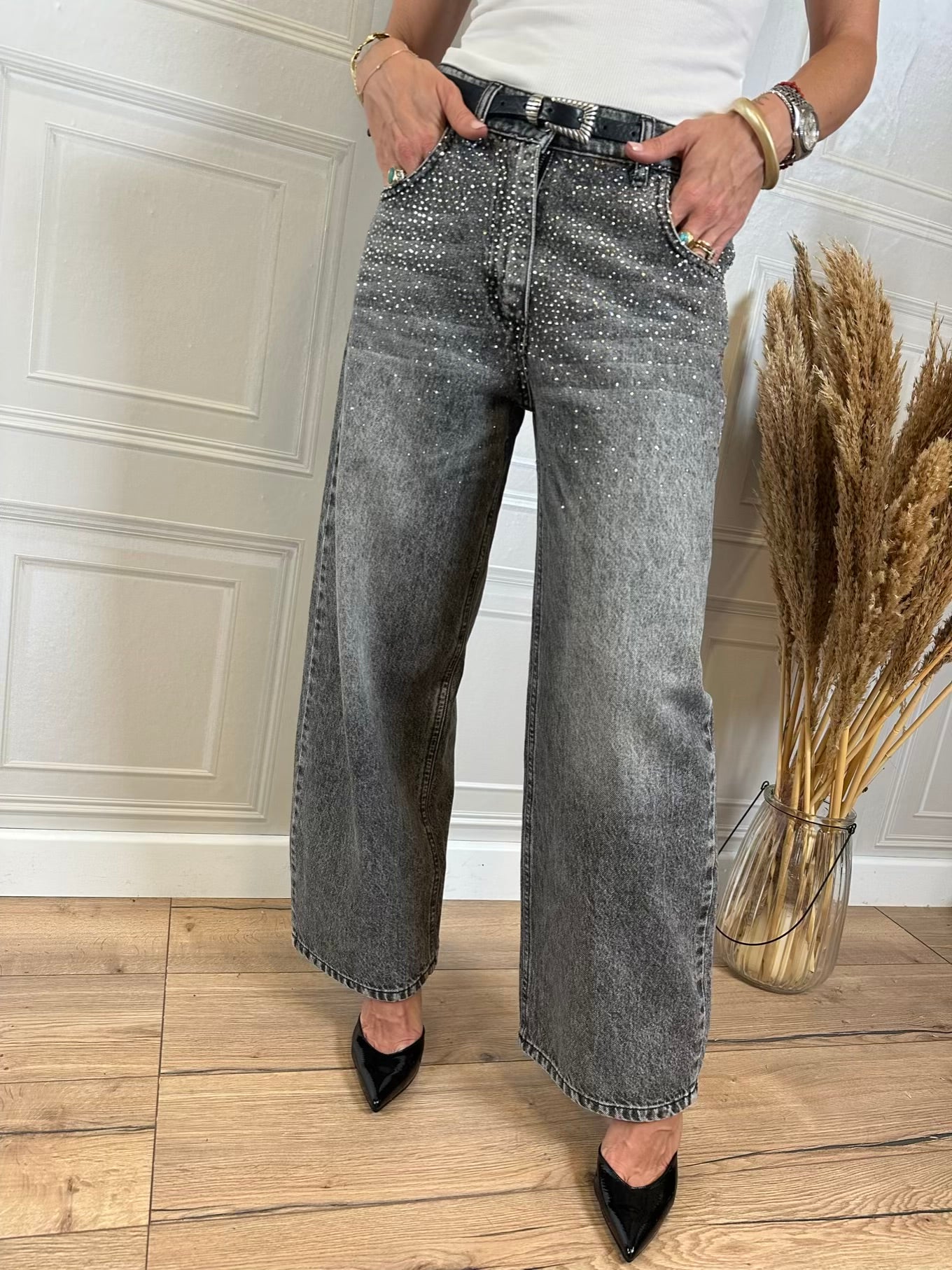 Jeans con strass wide leg grigio Philia Loft