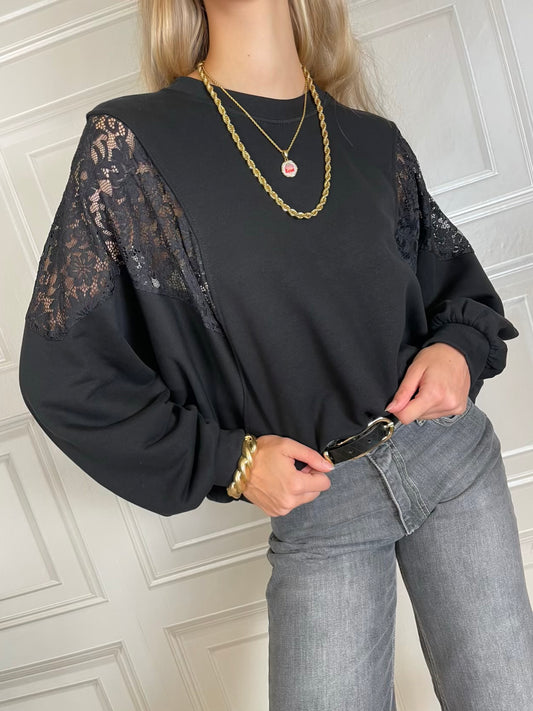 Felpa nera over con pizzo su spalla - Kikisix