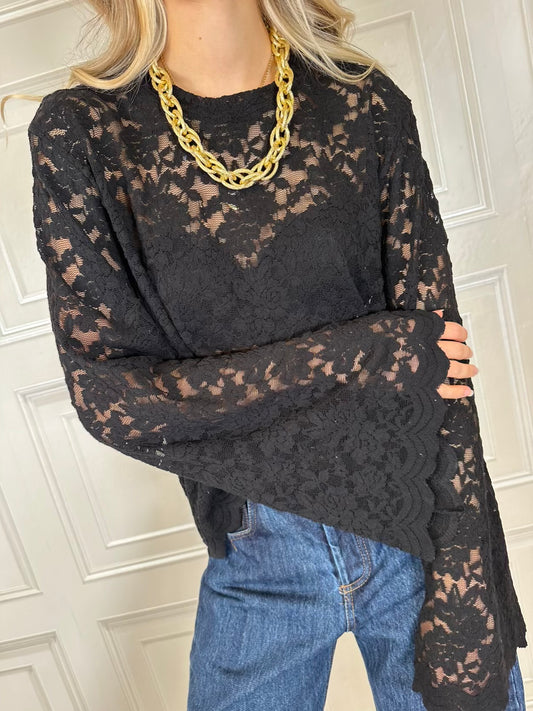 T-shirt manica campana pizzo nero - HaveOne