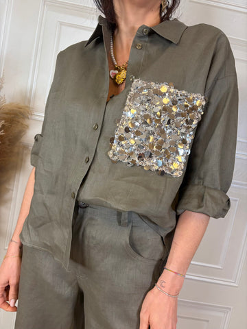 Camicia manica corta paillettes 100% lino verde militare - TensioneIn