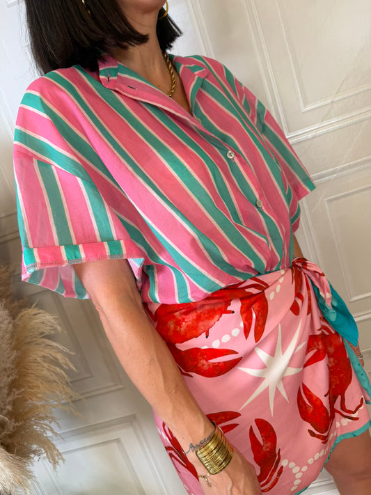 Camicia mussola righe verde panna e rosa - Tensione In