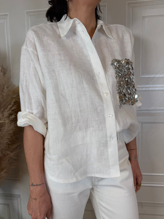 Camicia manica corta paillettes 100% lino bianco - TensioneIn