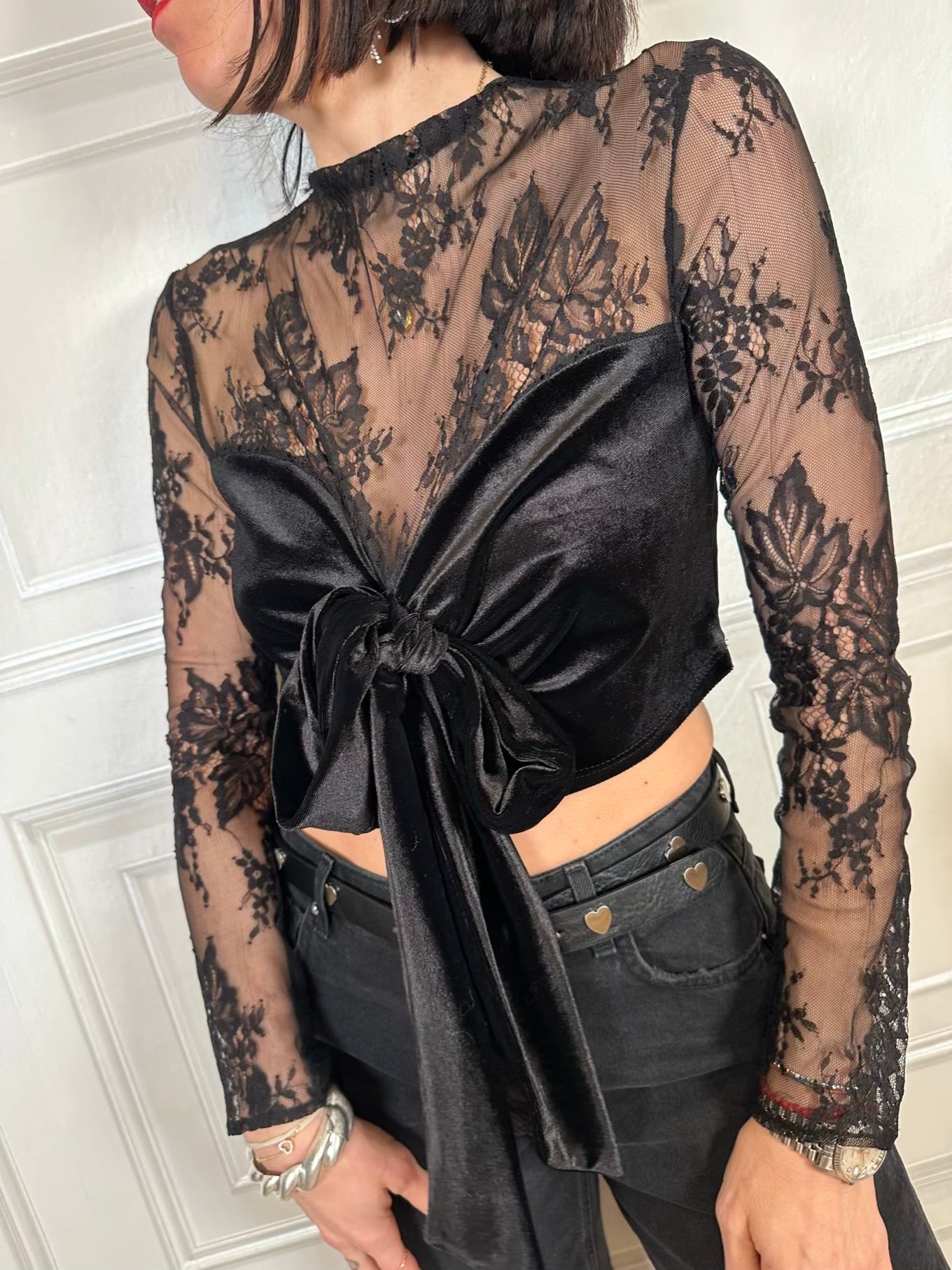 Top crop velluto pizzo - Haveone