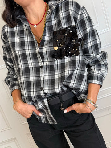 Camicia scozzese nero taschino paillettes - Susymix