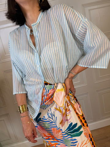 Camicia mussola righe azzurro e panna - Tensione In