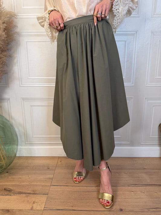 Gonna midi con pieghe asimmetrica verde militare - Kikisix