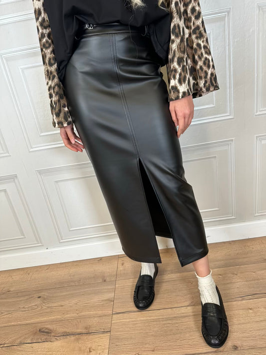 Gonna longuette ecopelle spacco nero - Haveone