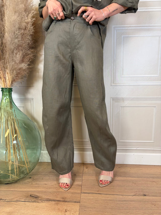 Pantalone 100% lino verde militare - Tensione In