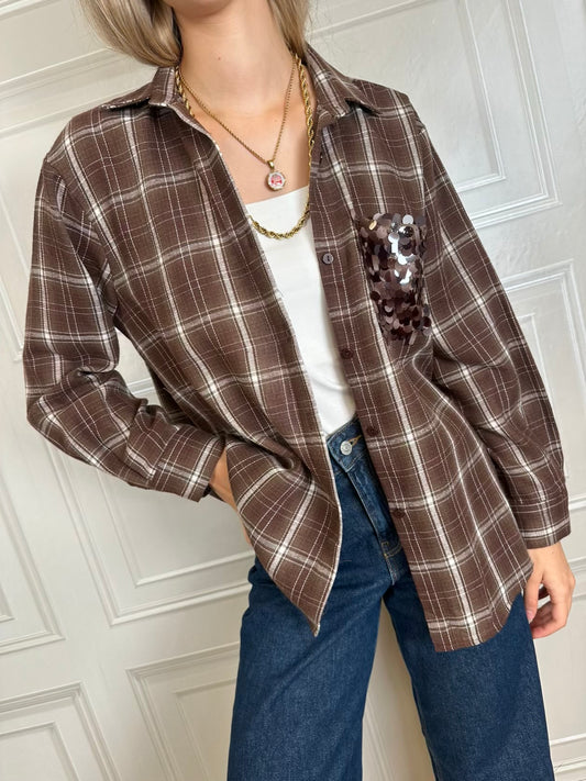 Camicia scozzese marrone taschino paillettes - Susymix