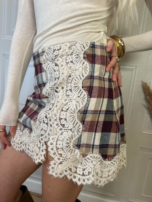 Minigonna check vino inserti pizzo - Haveone