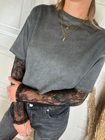 Body pizzo con maglia crop delavè- Haveone