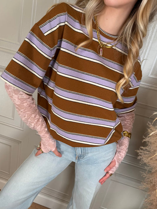 T-shirt righe pizzo lilla - Vicolo