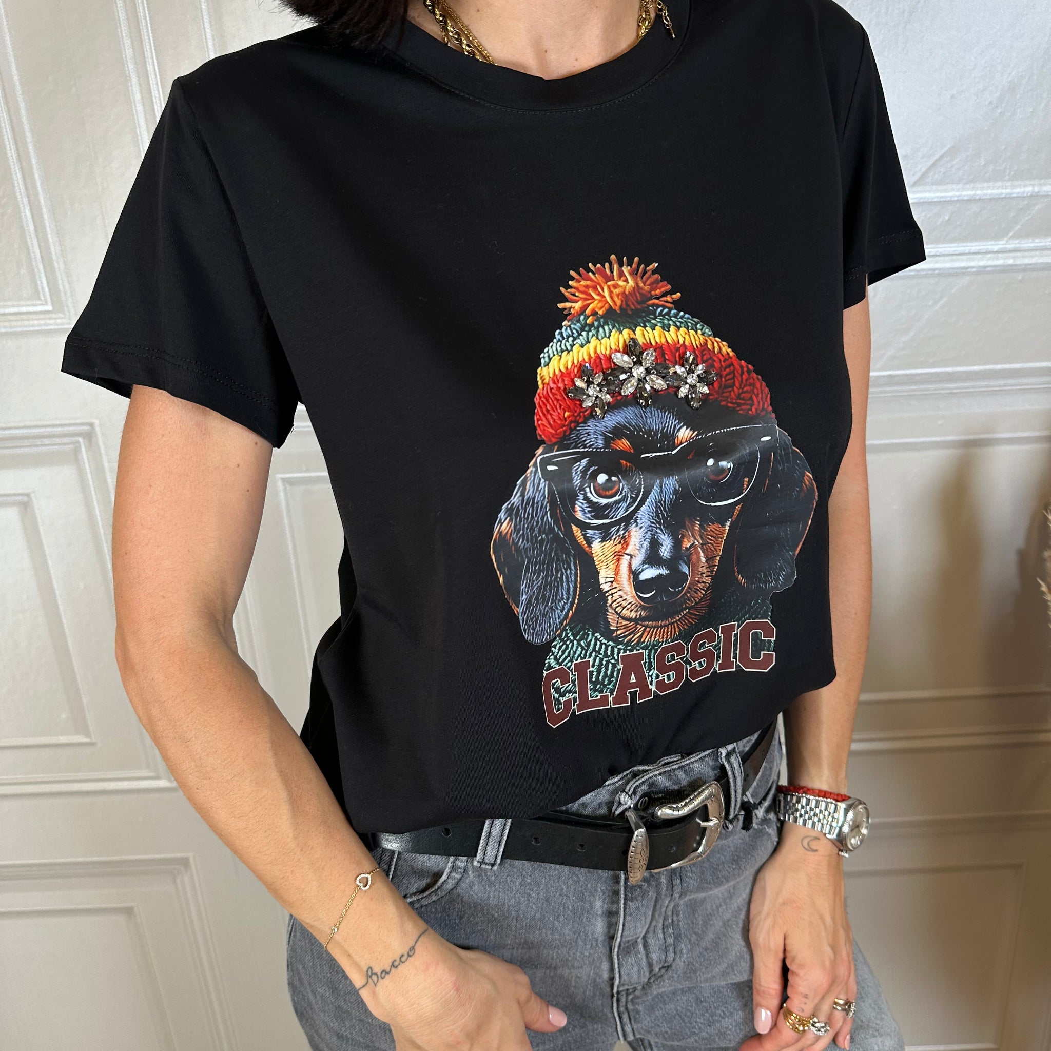 T-shirt cane con berretto e strass - SusyMix