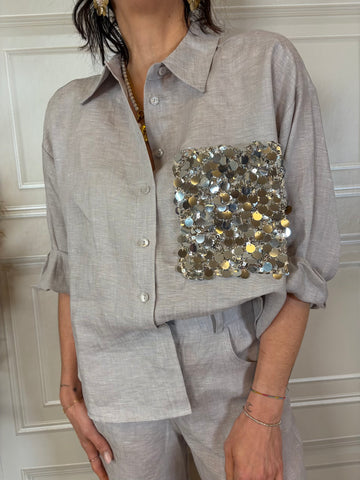 Camicia manica corta paillettes 100% lino perla - TensioneIn