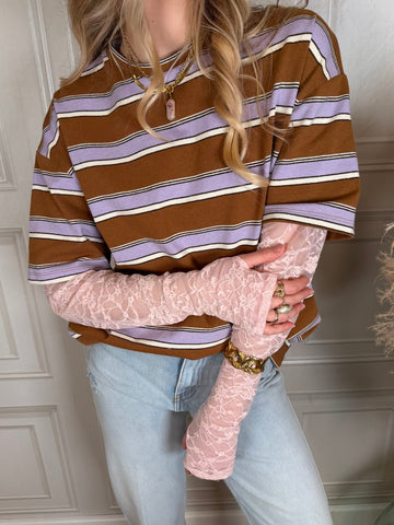 T-shirt righe pizzo lilla - Vicolo