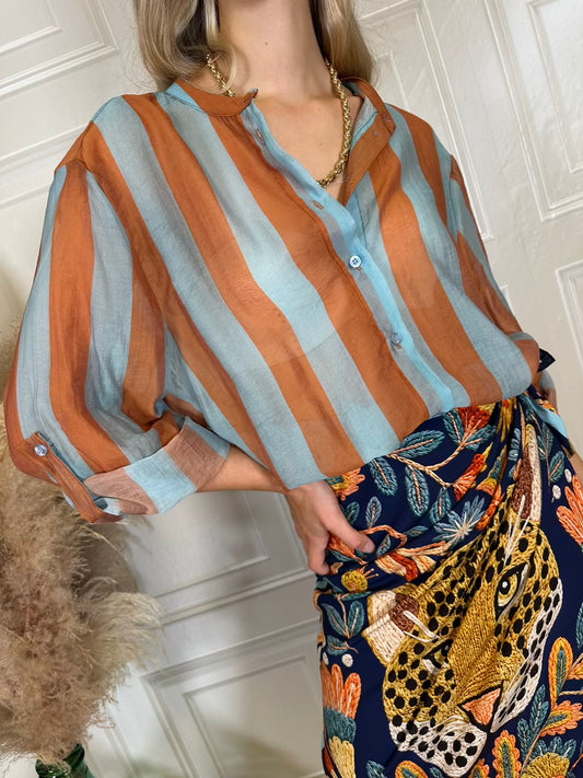 Camicia righe celeste tabacco - Haveone