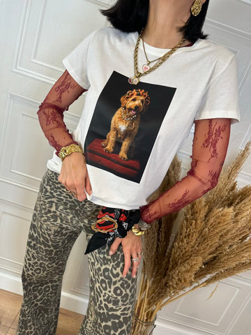 T-shirt cane con bigodini e strass - Vicolo
