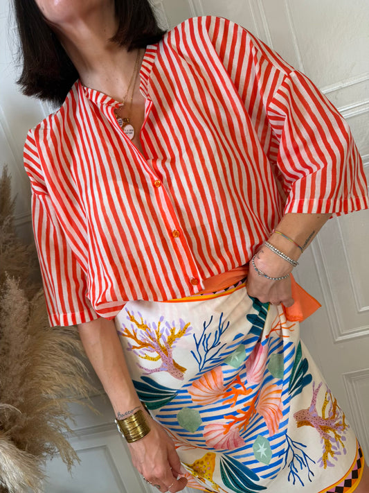 Camicia mussola righe rosso e panna - Tensione In