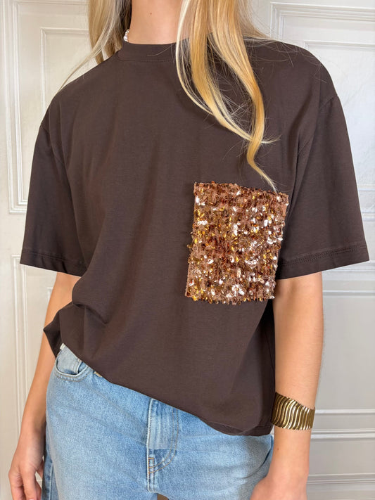 T-shirt moro tasca paillettes goccia - Tensione In