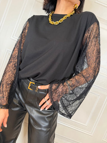 T-shirt manica pizzo nero - Vicolo