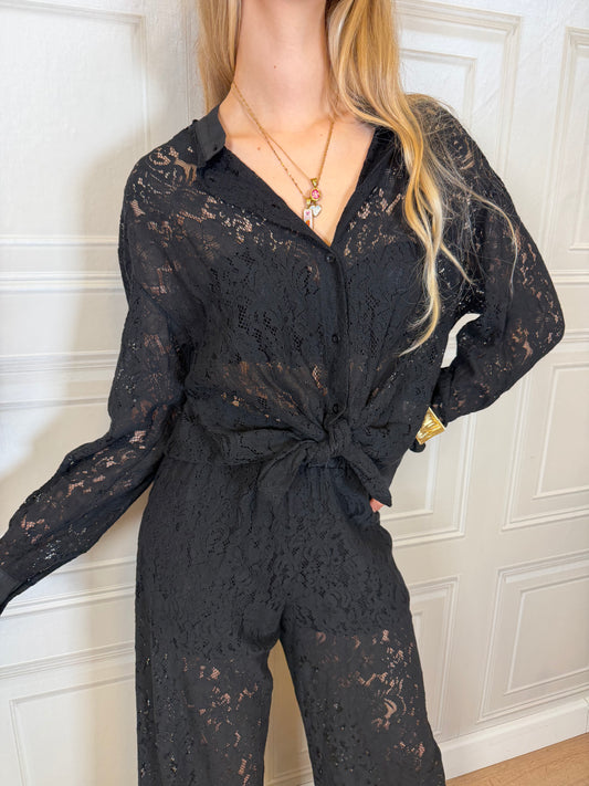 Camicia pizzo collo coreana nero - Kikisix