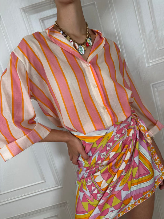 Camicia mussola righe fucsia, arancio e burro - Tensione In