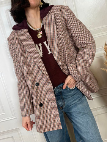 Giacca cappotto pied de poule cappuccio bordeaux - Vicolo