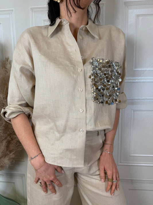 Camicia manica corta paillettes 100% lino deserto - TensioneIn