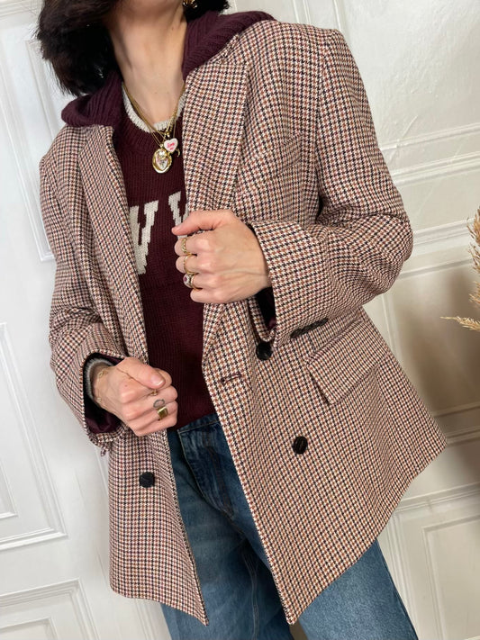 Giacca cappotto pied de poule cappuccio bordeaux - Vicolo