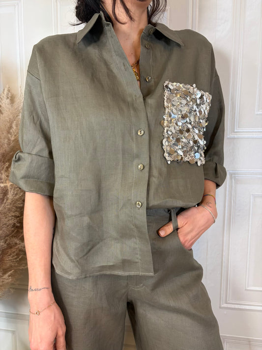 Camicia manica corta paillettes 100% lino verde militare - TensioneIn