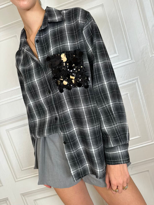 Camicia scozzese nero taschino paillettes - Susymix