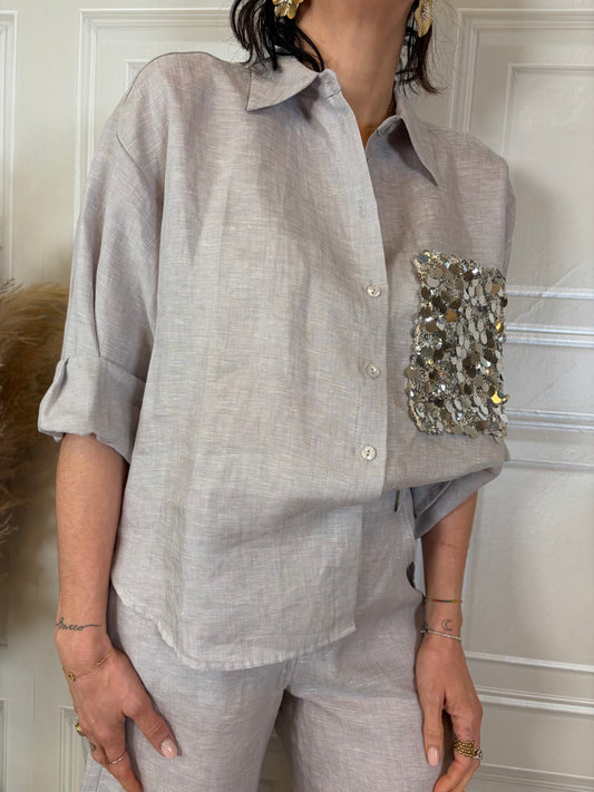 Camicia manica corta paillettes 100% lino perla - TensioneIn