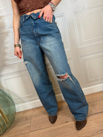 Jeans baggy con risvoltino cinturino - Kikisix