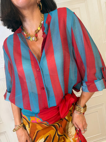 Camicia righe ottanio e rosso india - Haveone