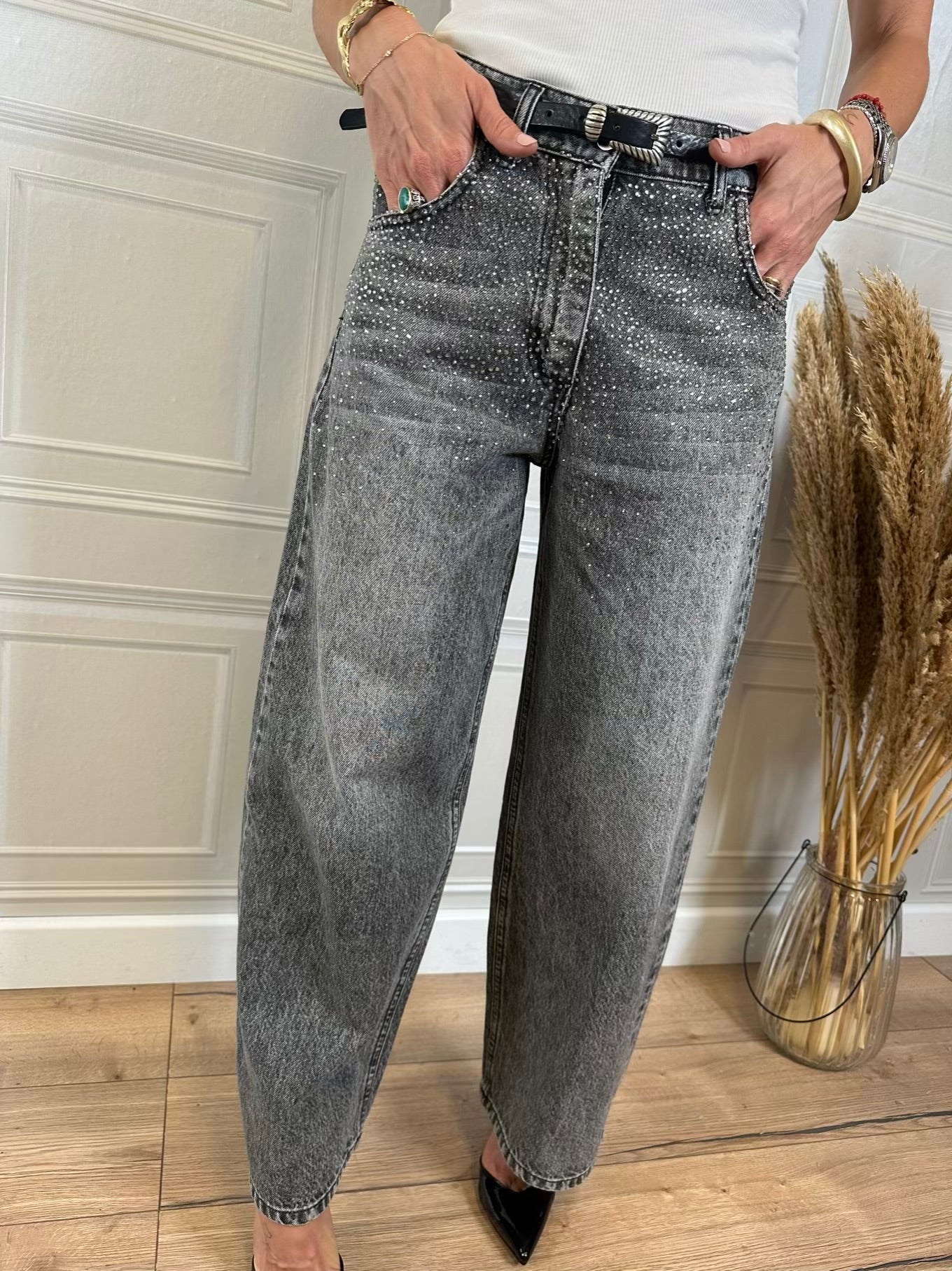 Jeans con strass wide leg grigio Philia Loft