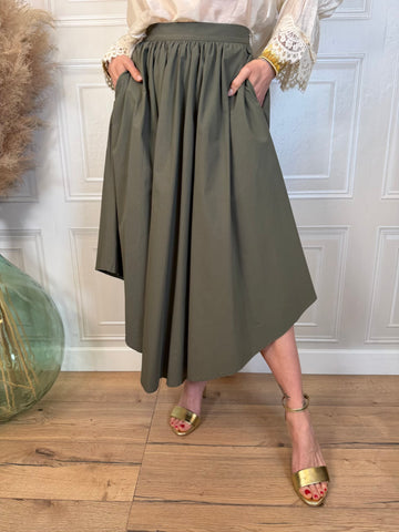 Gonna midi con pieghe asimmetrica verde militare - Kikisix