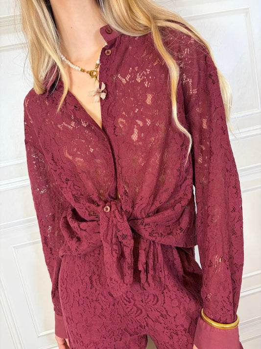 Camicia pizzo collo coreana rosso india - Kikisix