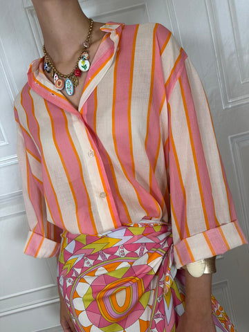 Camicia mussola righe fucsia, arancio e burro - Tensione In