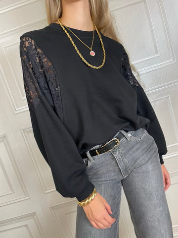 Felpa nera over con pizzo su spalla - Kikisix