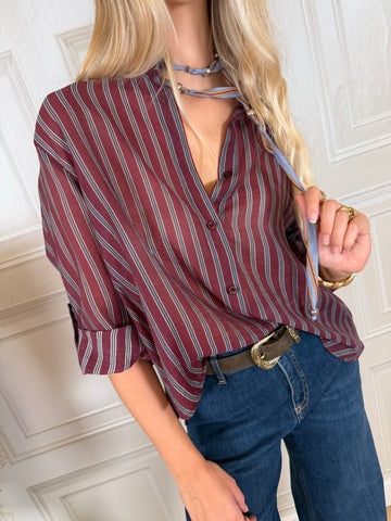 Camicia collana rigata bordeaux - Haveone