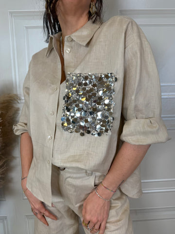 Camicia manica corta paillettes 100% lino deserto - TensioneIn