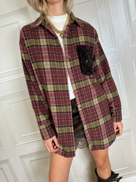 Camicia over check bordeaux e cammello tasca paillettes - Susymix