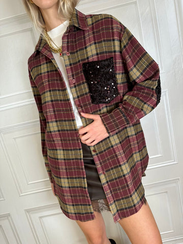Camicia over check bordeaux e cammello tasca paillettes - Susymix